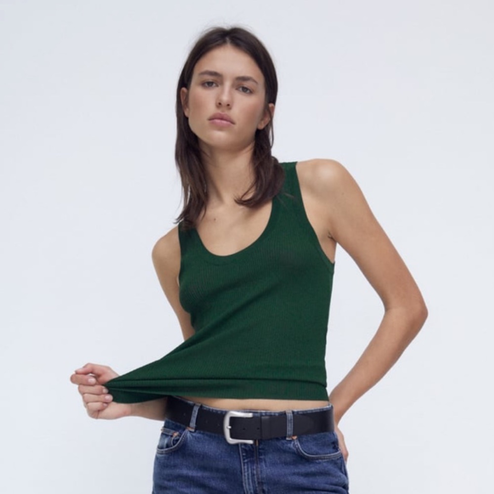 Zara basic rib king tank top green size M